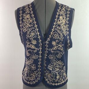 I.V.Y. Collection Vest Women Size M Navy & Tan Button Front